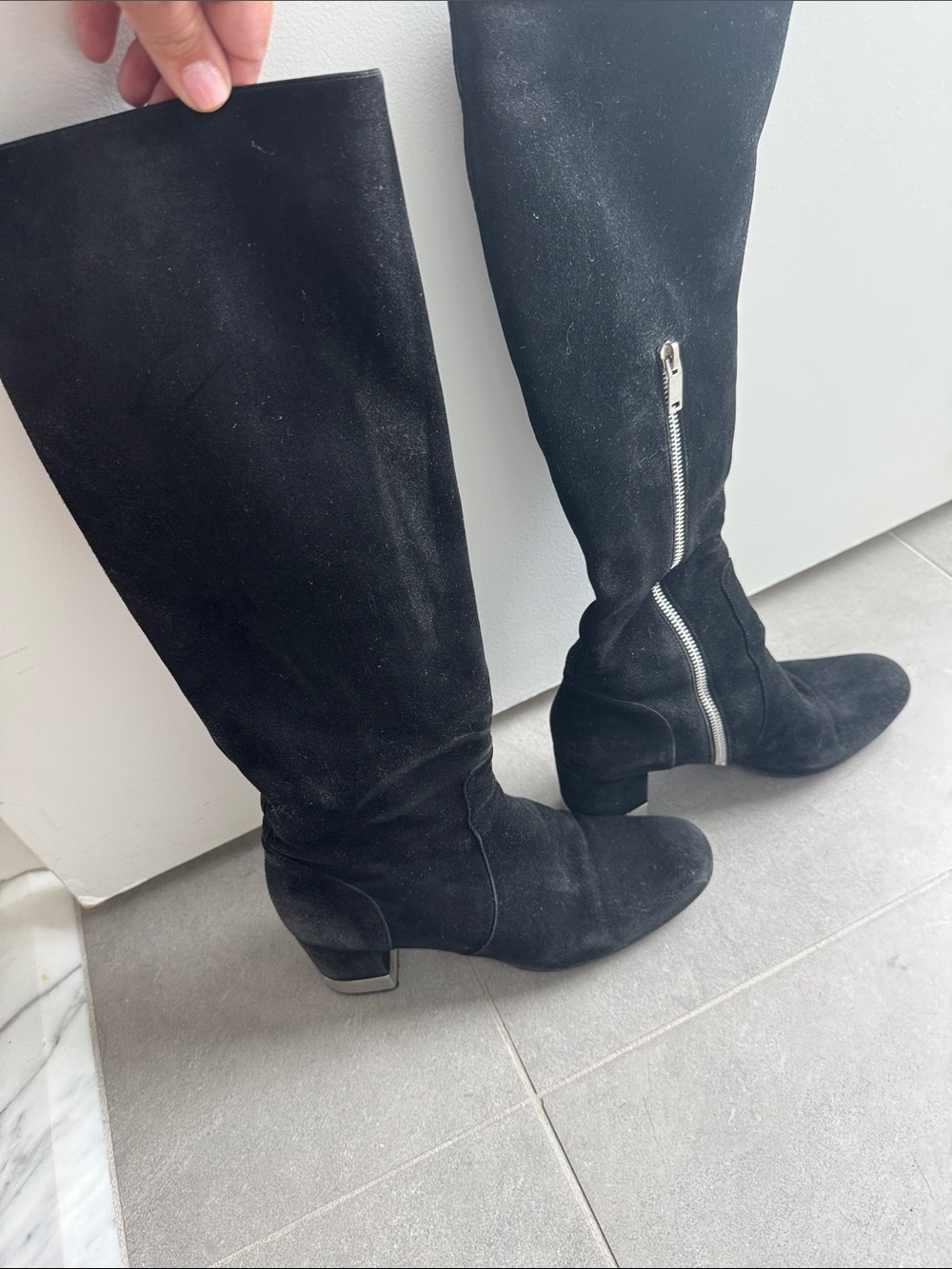 Saint Laurent Black Suede Knee-High Zip Boots